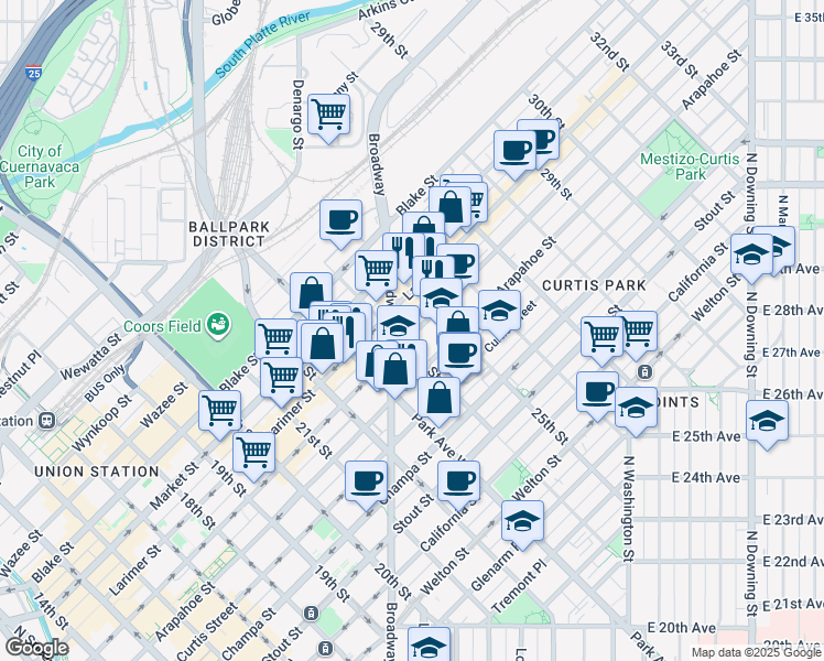 map of restaurants, bars, coffee shops, grocery stores, and more near in Denver