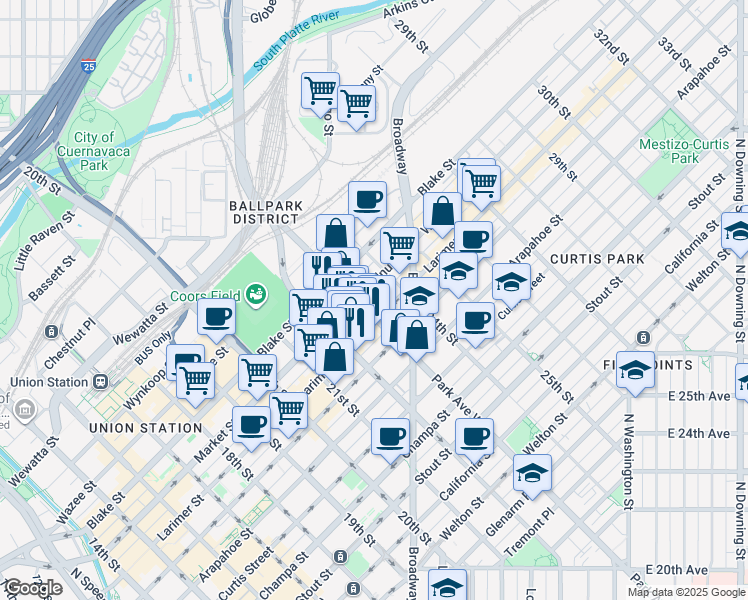 map of restaurants, bars, coffee shops, grocery stores, and more near 2260 Market Street in Denver