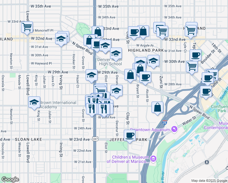 map of restaurants, bars, coffee shops, grocery stores, and more near 2811 West 27th Avenue in Denver