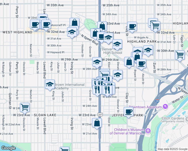 map of restaurants, bars, coffee shops, grocery stores, and more near 2635 Federal Boulevard in Denver