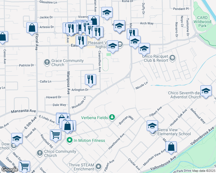 map of restaurants, bars, coffee shops, grocery stores, and more near 1465 Manzanita Avenue in Chico