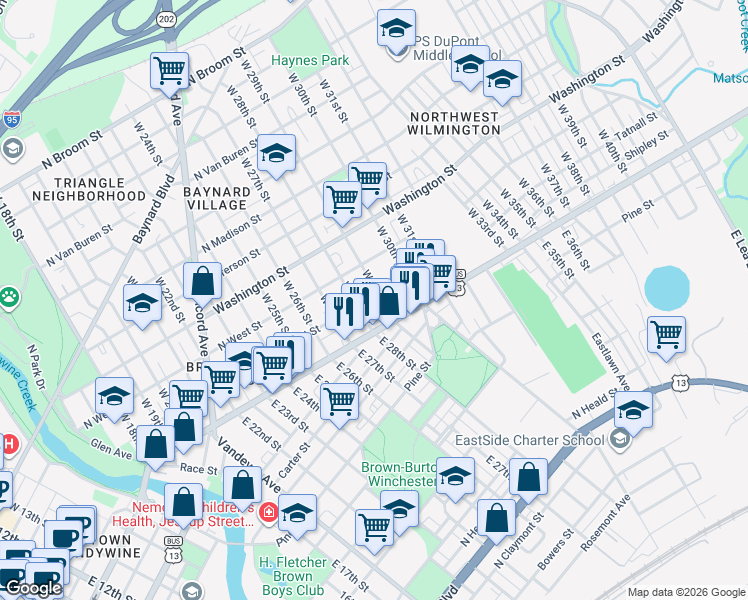 map of restaurants, bars, coffee shops, grocery stores, and more near in Wilmington