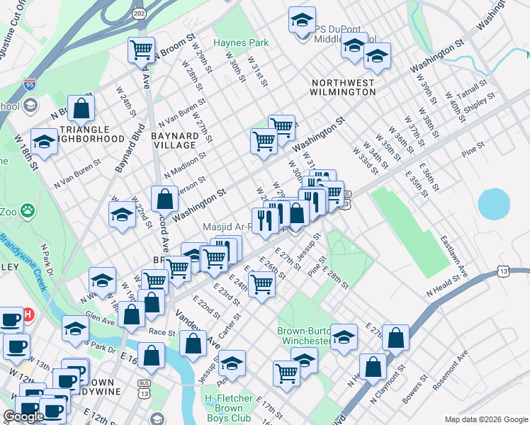 map of restaurants, bars, coffee shops, grocery stores, and more near 2705 Tatnall Street in Wilmington