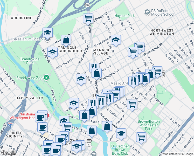 map of restaurants, bars, coffee shops, grocery stores, and more near 300A Delaware 202 in Wilmington