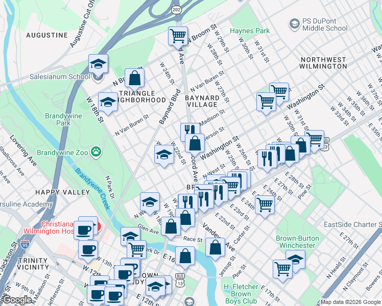 map of restaurants, bars, coffee shops, grocery stores, and more near 300A Delaware 202 in Wilmington
