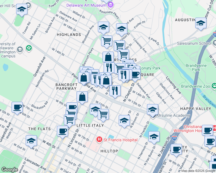 map of restaurants, bars, coffee shops, grocery stores, and more near 1207 North Scott Street in Wilmington