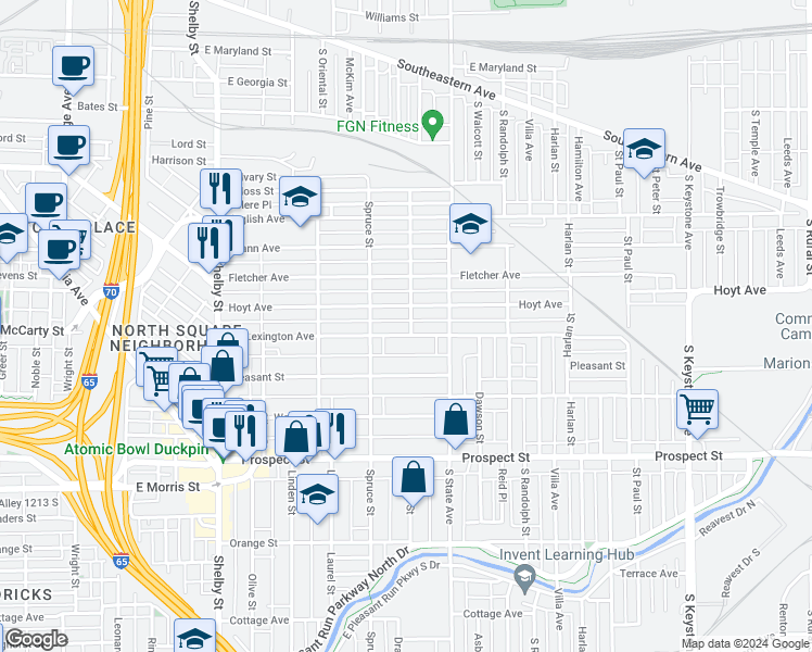 map of restaurants, bars, coffee shops, grocery stores, and more near 1521 Lexington Avenue in Indianapolis