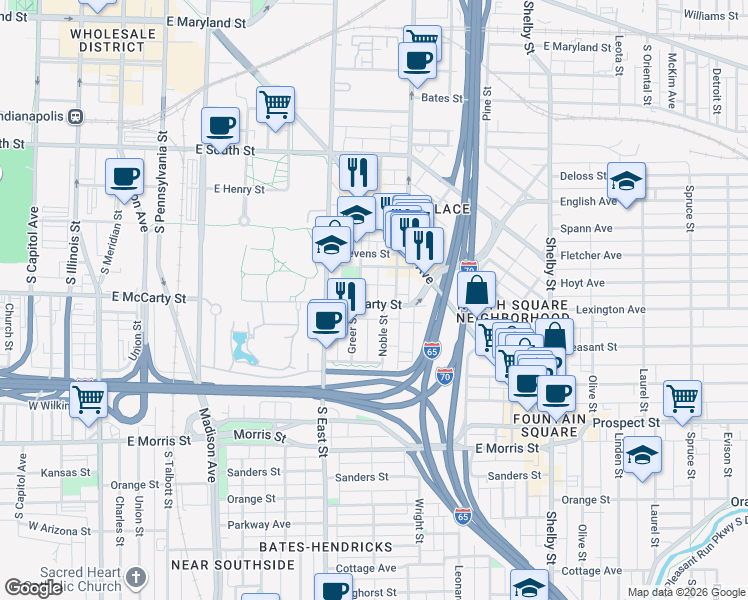 map of restaurants, bars, coffee shops, grocery stores, and more near 605 East McCarty Street in Indianapolis