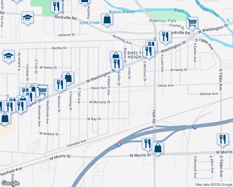 map of restaurants, bars, coffee shops, grocery stores, and more near 640 Collier Street in Indianapolis