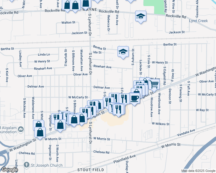 map of restaurants, bars, coffee shops, grocery stores, and more near 5145 Delmar Avenue in Indianapolis