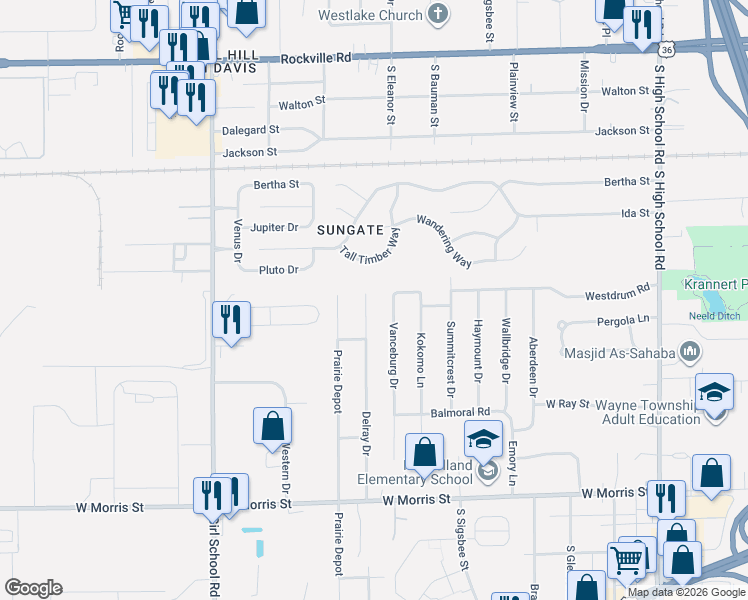map of restaurants, bars, coffee shops, grocery stores, and more near 626 Vanceburg Drive in Indianapolis