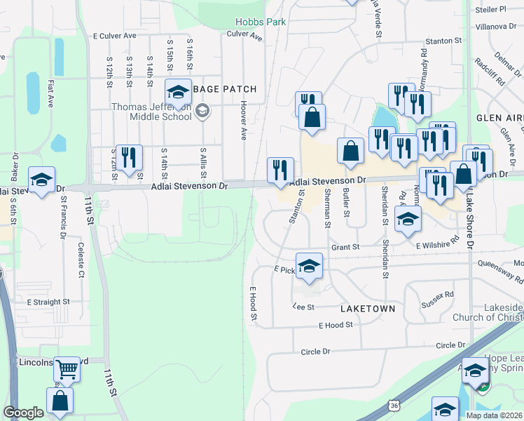map of restaurants, bars, coffee shops, grocery stores, and more near 3325 Buckner Street in Springfield