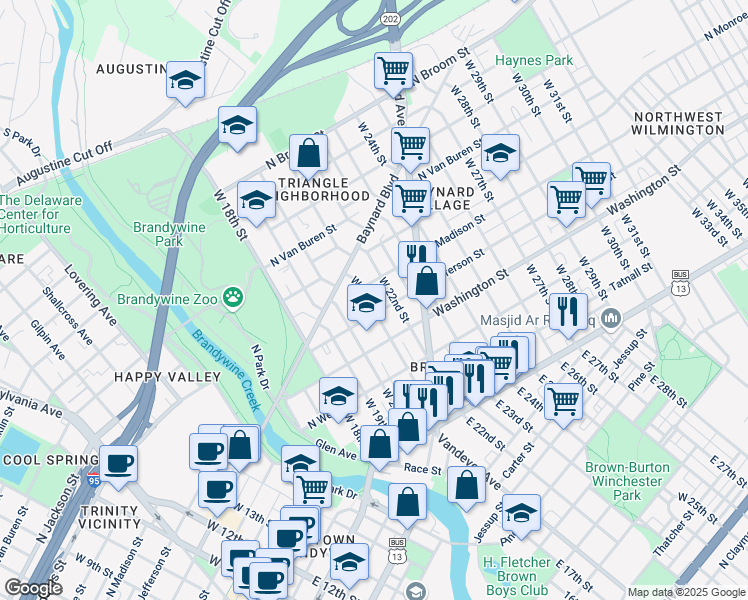 map of restaurants, bars, coffee shops, grocery stores, and more near 409 West 21st Street in Wilmington