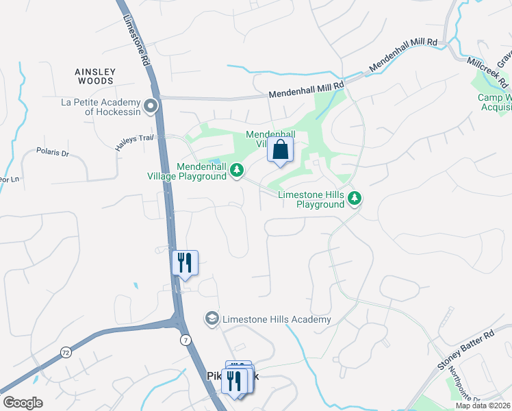 map of restaurants, bars, coffee shops, grocery stores, and more near 121 Wooden Carriage Drive in Hockessin
