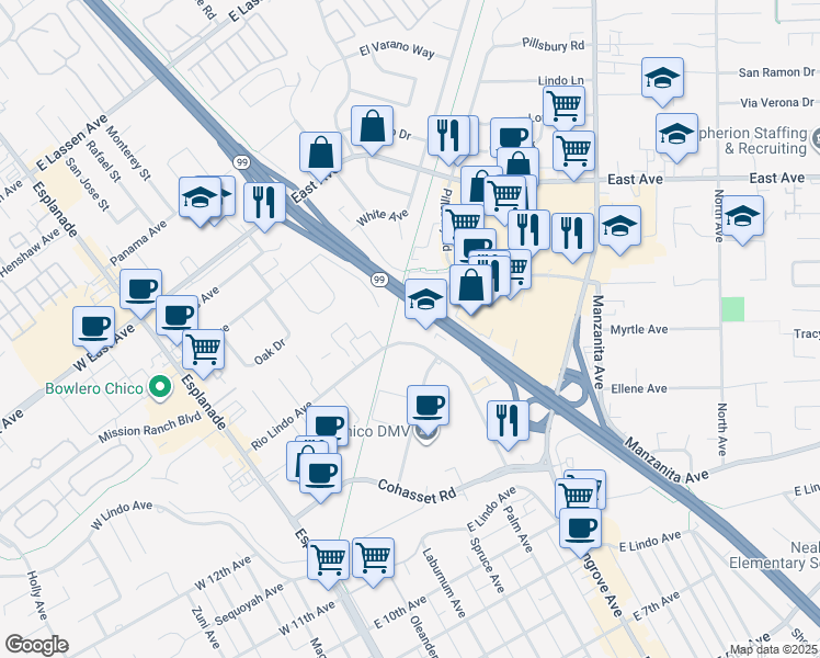 map of restaurants, bars, coffee shops, grocery stores, and more near 470 Rio Lindo Avenue in Chico