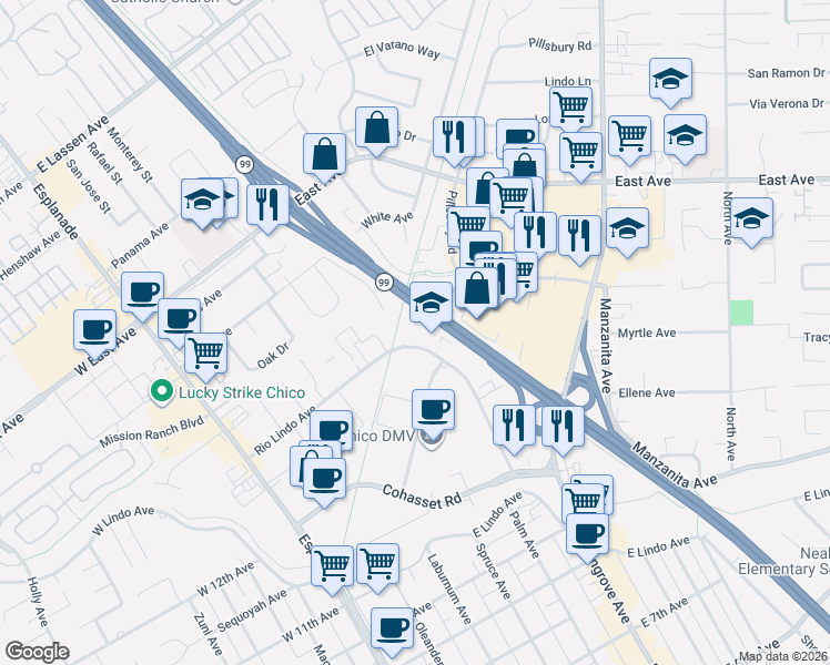 map of restaurants, bars, coffee shops, grocery stores, and more near 470 Rio Lindo Avenue in Chico