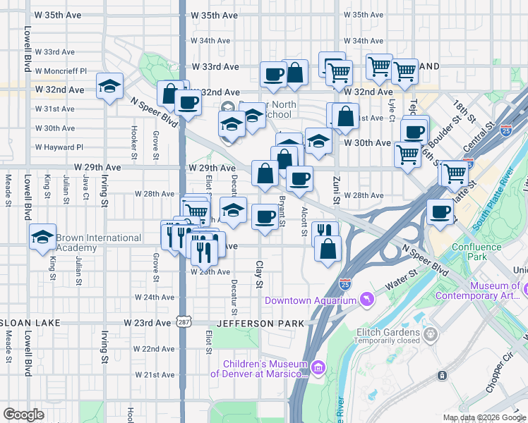 map of restaurants, bars, coffee shops, grocery stores, and more near 2713 West 27th Avenue in Denver