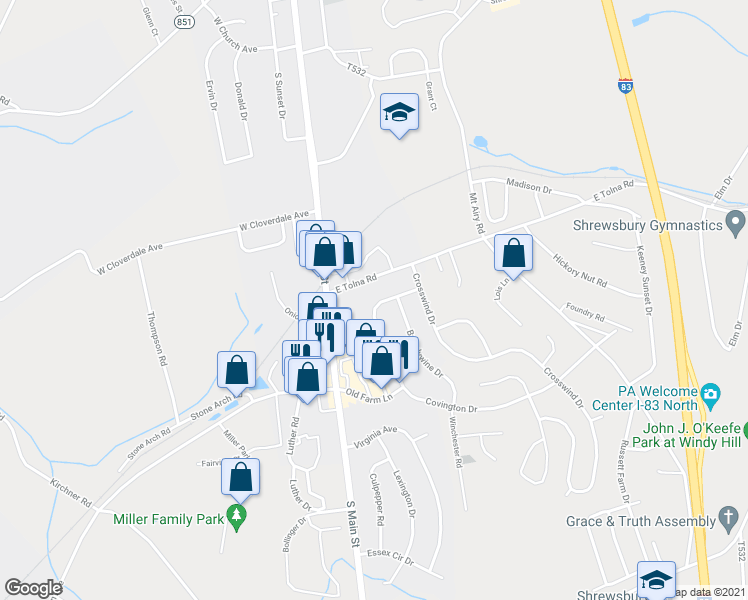 map of restaurants, bars, coffee shops, grocery stores, and more near 14 Covington Drive in Shrewsbury