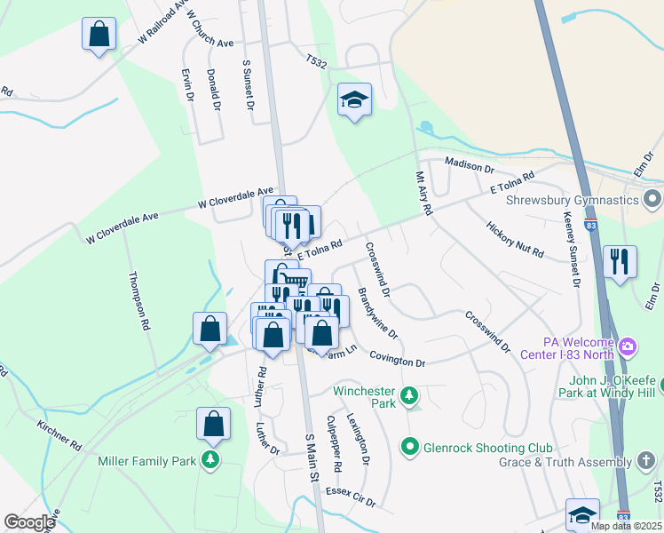 map of restaurants, bars, coffee shops, grocery stores, and more near 14 Covington Drive in Shrewsbury