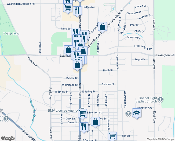 map of restaurants, bars, coffee shops, grocery stores, and more near 1120 1/2 North Barron Street in Eaton