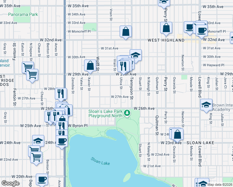 map of restaurants, bars, coffee shops, grocery stores, and more near 2658 Vrain Street in Denver