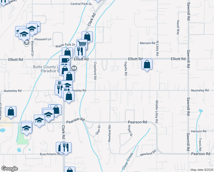 map of restaurants, bars, coffee shops, grocery stores, and more near 1245 Nunneley Road in Paradise