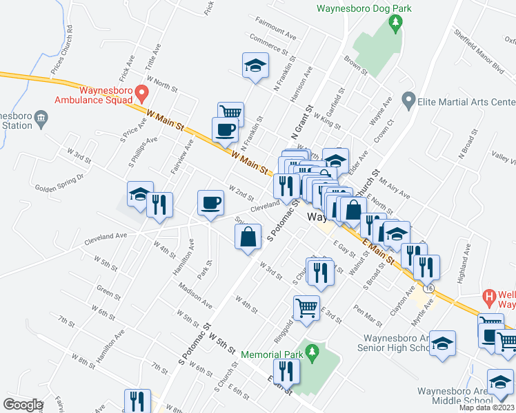 map of restaurants, bars, coffee shops, grocery stores, and more near 202 West 2nd Street in Waynesboro