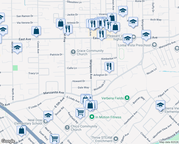 map of restaurants, bars, coffee shops, grocery stores, and more near 2225 Mariposa Avenue in Chico