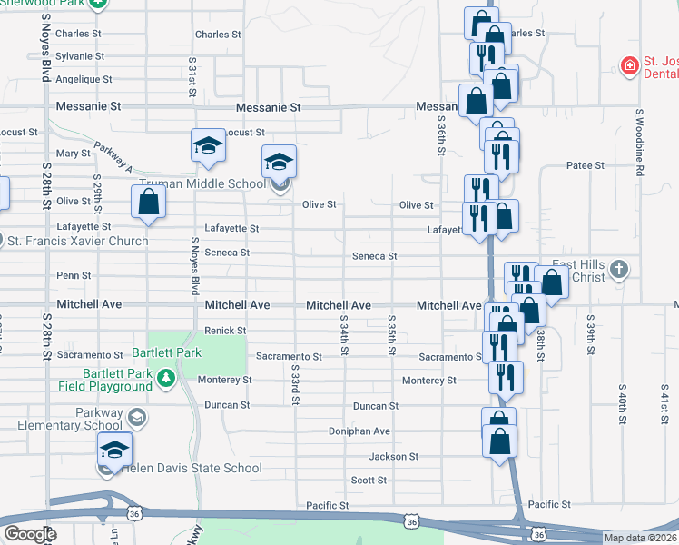 map of restaurants, bars, coffee shops, grocery stores, and more near 3402 Penn Street in Saint Joseph