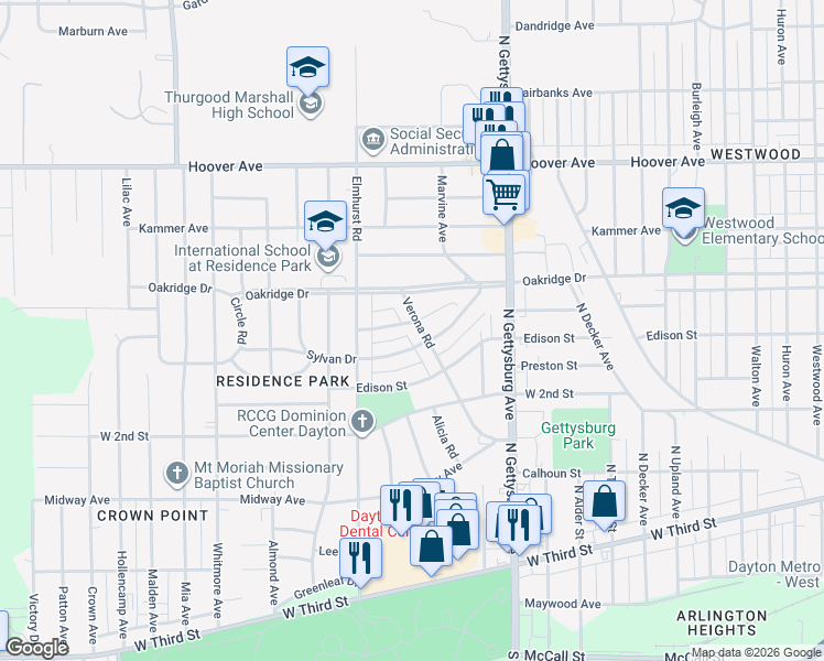 map of restaurants, bars, coffee shops, grocery stores, and more near 4204 Sylvan Drive in Dayton