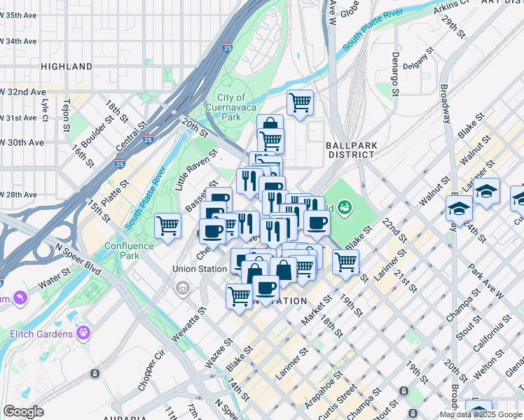 map of restaurants, bars, coffee shops, grocery stores, and more near 1975 19th Street in Denver