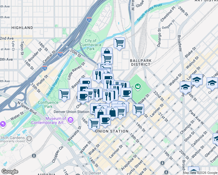 map of restaurants, bars, coffee shops, grocery stores, and more near 1915 Wewatta Street in Denver