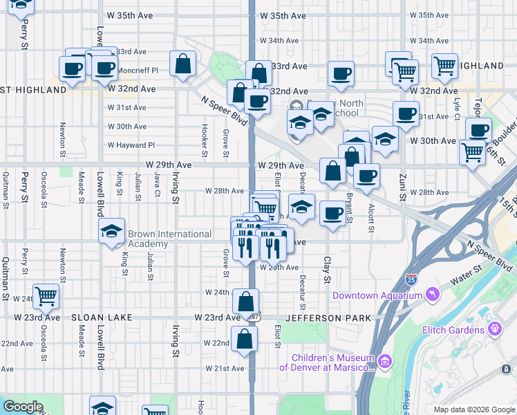 map of restaurants, bars, coffee shops, grocery stores, and more near 2635 Federal Boulevard in Denver