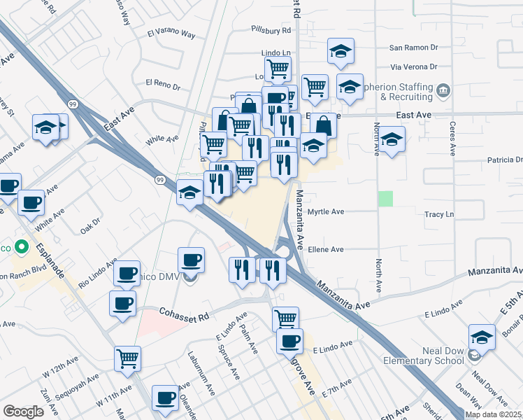 map of restaurants, bars, coffee shops, grocery stores, and more near 2155 Pillsbury Road in Chico