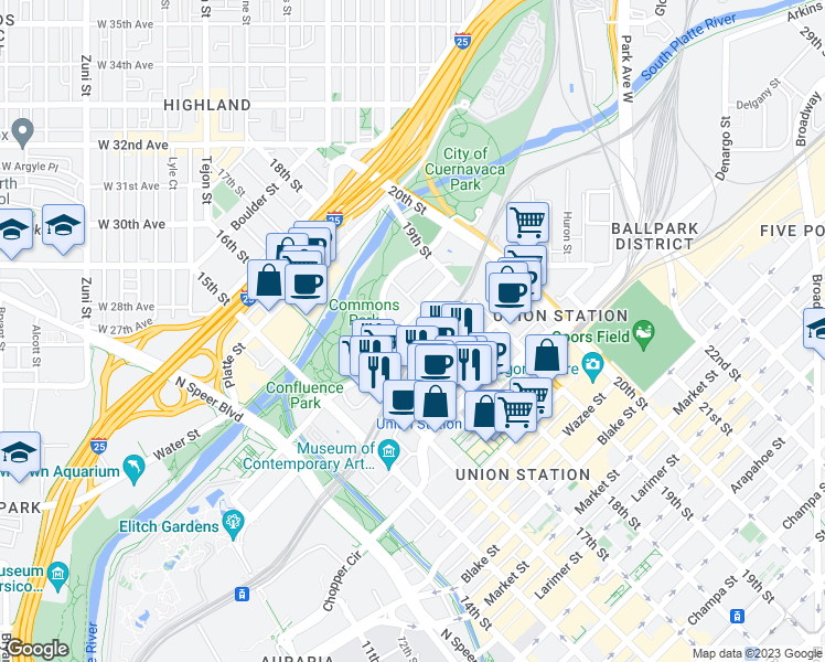 map of restaurants, bars, coffee shops, grocery stores, and more near 1700 Wewatta Street in Denver
