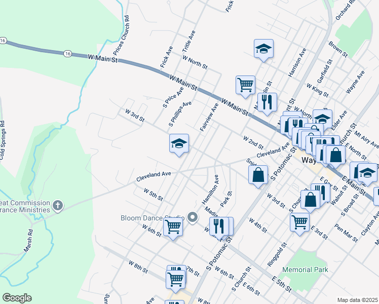 map of restaurants, bars, coffee shops, grocery stores, and more near 220 Fairview Avenue in Waynesboro