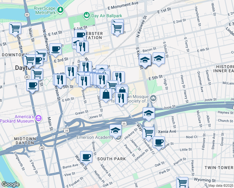 map of restaurants, bars, coffee shops, grocery stores, and more near 400 Wayne Avenue in Dayton