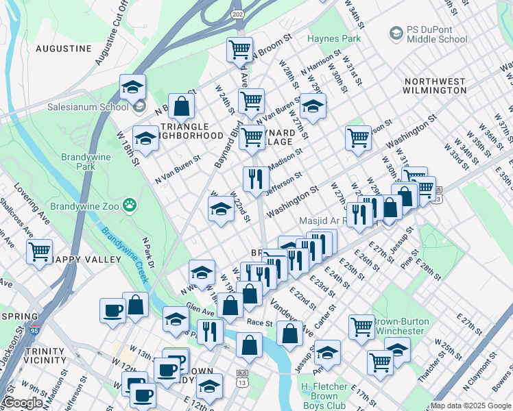 map of restaurants, bars, coffee shops, grocery stores, and more near 300A Delaware 202 in Wilmington