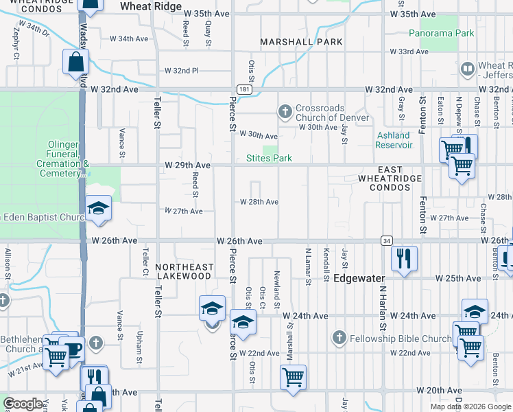 map of restaurants, bars, coffee shops, grocery stores, and more near 6680 West 28th Avenue in Wheat Ridge