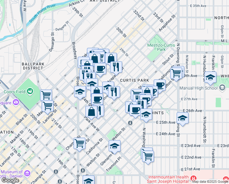 map of restaurants, bars, coffee shops, grocery stores, and more near 2575 Champa Street in Denver
