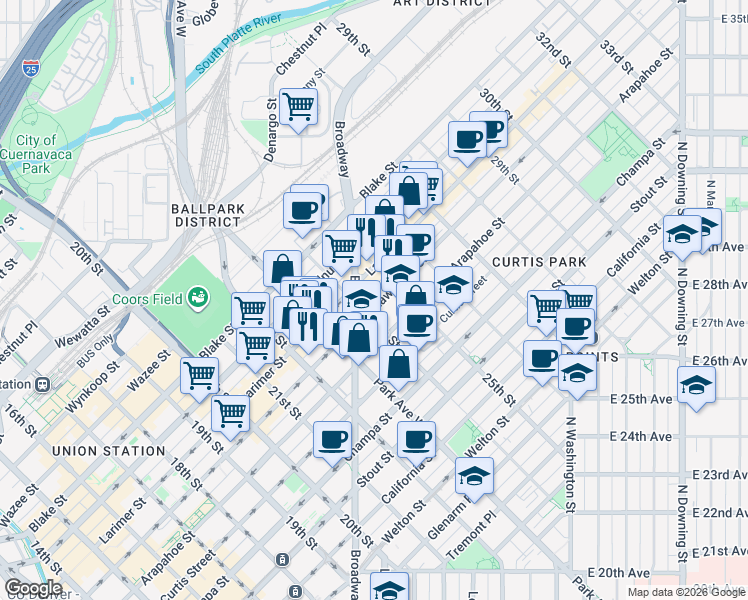 map of restaurants, bars, coffee shops, grocery stores, and more near in Denver