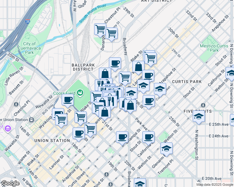 map of restaurants, bars, coffee shops, grocery stores, and more near 2260 Market Street in Denver