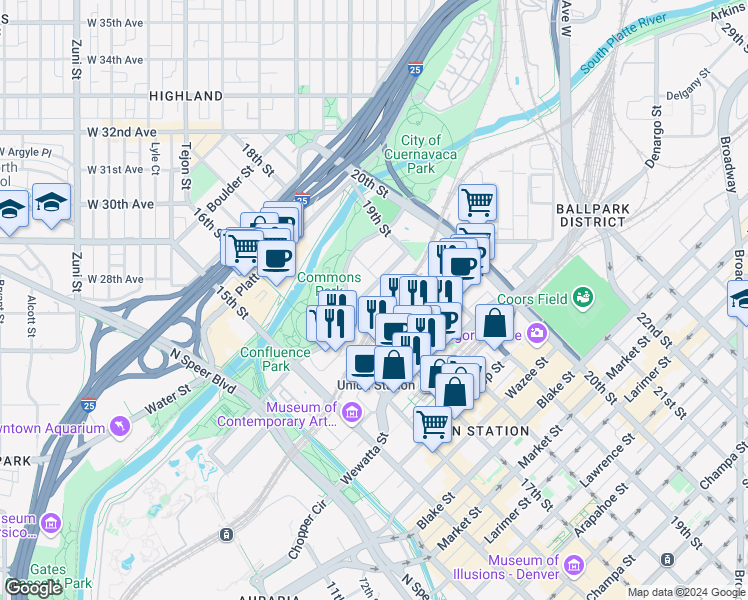map of restaurants, bars, coffee shops, grocery stores, and more near 1700 Wewatta Street in Denver