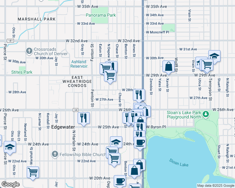 map of restaurants, bars, coffee shops, grocery stores, and more near 5521 West 27th Avenue in Wheat Ridge