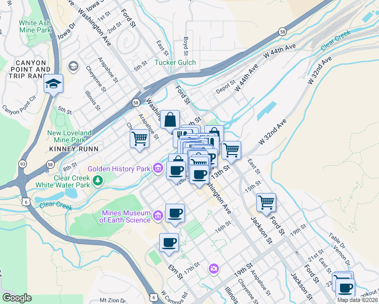 map of restaurants, bars, coffee shops, grocery stores, and more near 1104 Washington Avenue in Golden
