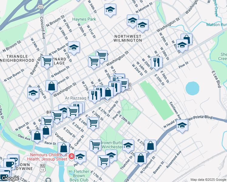 map of restaurants, bars, coffee shops, grocery stores, and more near 3001 North Market Street in Wilmington