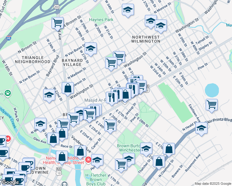 map of restaurants, bars, coffee shops, grocery stores, and more near 2813 Prestwyck Court in Wilmington
