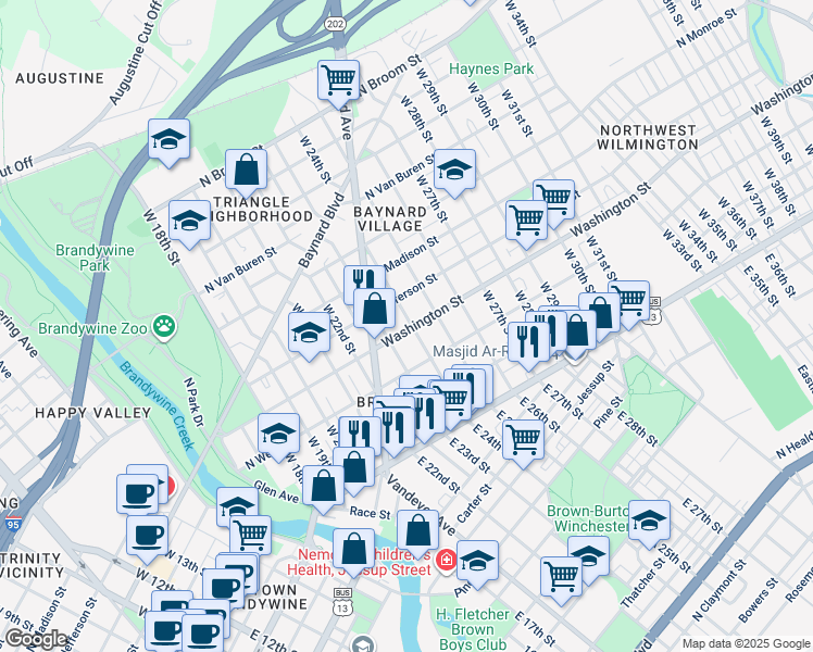 map of restaurants, bars, coffee shops, grocery stores, and more near 2312 Washington Street in Wilmington