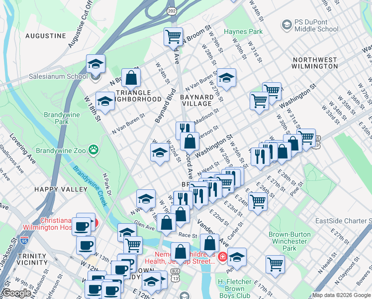 map of restaurants, bars, coffee shops, grocery stores, and more near 300A Delaware 202 in Wilmington