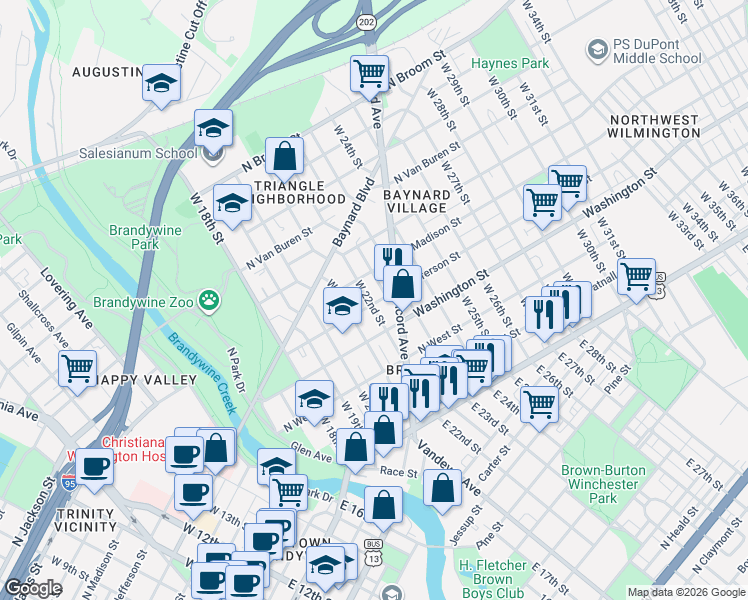 map of restaurants, bars, coffee shops, grocery stores, and more near 2108 North Jefferson Street in Wilmington